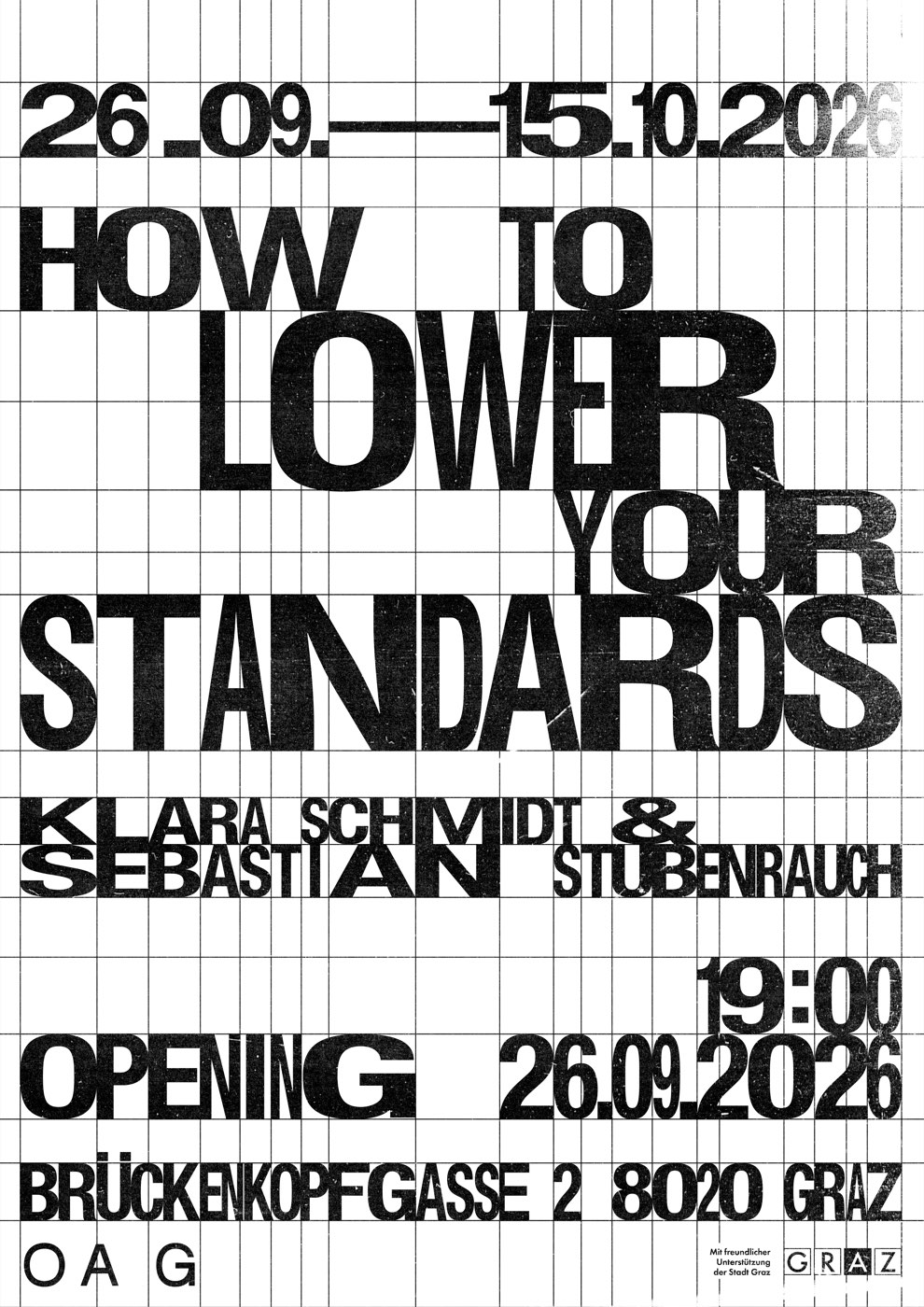 Plakat zur Ausstellung „How to lower your standards“ von Klara Schmidt und Sebastian Stubenrauch